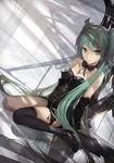  bad_id bad_pixiv_id black_footwear black_legwear breasts detached_sleeves dutch_angle green_eyes green_hair hatsune_miku highres kieed long_hair parted_lips reflection revision shoes single_thighhigh sitting small_breasts solo thighhighs twintails very_long_hair vocaloid wariza 