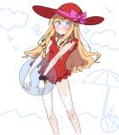  1girl absurdres ball blonde_hair blue_eyes blush bow breasts closed_mouth doctor_magus doctor_magus_4 frilled_one-piece_swimsuit frills hat hat_bow highres holding holding_ball long_hair looking_at_viewer nikki_kyousuke one-piece_swimsuit pink_bow pointy_ears red_hat red_one-piece_swimsuit ringlets sekaiju_no_meikyuu small_breasts solo standing swimsuit transparent very_long_hair white_background 