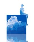  1boy absurdres bad_id bad_pixiv_id cloud from_behind highres kisiki original reflection reflective_water short_hair silhouette simple_background sitting sky solo white_background 