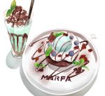  blueberry chocolate chocolate_syrup commentary_request dessert food food_focus fruit highres ice_cream mint mint_chocolate mirin_ko no_humans original plate signature simple_background wafer white_background 