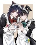  2boys alternate_costume animal_ear_fluff animal_ears apron aqua_bow aqua_bowtie bandaged_hand bandages black_dress black_hair blade_(honkai:_star_rail) blue_eyes blue_hair border bow bowtie brown_background cat_ears closed_mouth collared_dress commentary_request crossdressing dan_heng_(honkai:_star_rail) dark_blue_hair dress earrings enmaided expressionless fake_animal_ears frilled_apron frilled_cuffs frills frown gradient_hair hair_between_eyes hair_intakes hair_over_one_eye hand_up heart heart_hands heart_hands_duo highres honkai:_star_rail honkai_(series) jewelry juliet_sleeves long_hair long_sleeves maid maid_apron maid_headdress male_focus multicolored_hair multiple_boys name_tag one_eye_covered oryunbunkosu outside_border parted_bangs puffy_sleeves rabbit_ears red_eyes red_hair short_hair shoshinsha_mark sidelocks simple_background sleeve_cuffs sweatdrop white_apron white_border wing_collar 