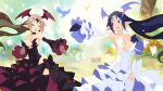  2girls bird black_dress black_hair breasts bug butterfly demon_girl detached_sleeves disgaea dress earrings frilled_dress frills gloves harada_takehito head_wings highres jewelry large_breasts long_hair makai_senki_disgaea_6 melodia_(disgaea) multiple_girls naive_(disgaea) official_art open_mouth outdoors pointy_ears rabbit red_eyes squirrel white_dress wide_sleeves wings 