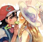  2boys anger_vein baseball_cap black_hair blonde_hair blush braid brother_and_sister dark_skin dark_skinned_male eating gladio_(pokemon) hat head_to_head hetero highres kash-phia lillie_(pokemon) long_hair multiple_boys poke_bean pokemon pokemon_(anime) pokemon_sm_(anime) satoshi_(pokemon) sharing_food short_hair siblings spoilers sun_hat tan third-party_edit twin_braids 