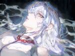 1girl breasts choker cleavage dalujiadebianyuan darkness eleven_(path_to_nowhere) floating_hair highres long_hair partially_submerged path_to_nowhere simple_background white_hair 