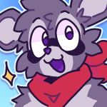  2024 aliasing anthro black_body black_fur blue_background bust_portrait cheek_tuft digital_media_(artwork) eyebrows facial_tuft fixy_cookies flat_colors front_view fur gloves_(marking) grey_body grey_fur happy icon indigo_park inner_ear_fluff kerchief kerchief_only looking_at_viewer male mammal markings mostly_nude neckerchief neckerchief_only open_mouth open_smile outline portrait procyonid pupils purple_eyes purple_nose purple_tongue raccoon rambley_raccoon red_kerchief red_neckerchief simple_background smile snout solo sparkles tongue tuft white_outline 
