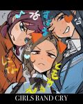  3girls :&lt; awa_subaru black_bow black_bowtie black_hair blue_eyes blue_shirt blush bow bowtie brown_hair collared_shirt commentary copyright_name ebizuka_tomo flying_sweatdrops girls_band_cry grin hashtag-only_commentary heart highres iseri_nina jacket letterboxed m_no_harawata medium_hair multiple_girls one_eye_closed orange_jacket pink_eyes red_hair shirt short_twintails smile tongue tongue_out translation_request twintails 