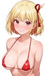  1girl absurdres areola_slip bare_shoulders bikini blonde_hair blush breasts closed_mouth collarbone commentary_request covered_nipples hair_ribbon halterneck highres large_breasts looking_at_viewer lycoris_recoil micro_bikini nishikigi_chisato o-ring o-ring_bikini o-ring_top portrait raiden_(kdsn3783) red_bikini red_eyes red_ribbon ribbon shiny_skin short_hair simple_background smile solo swimsuit white_background 