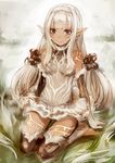  bare_shoulders barefoot breasts brown_eyes closed_mouth commentary_request dark_skin elbow_gloves gloves hairband highres long_hair looking_at_viewer original pointy_ears ricci sidelocks sitting sketch small_breasts smile solo toeless_legwear wariza white_hair 
