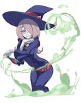  guido_(sucurapu) hair_over_one_eye highres little_witch_academia long_hair looking_at_viewer luna_nova_school_uniform pale_skin purple_hair red_eyes school_uniform sharp_teeth simple_background smile solo sucy_manbavaran teeth white_background witch 