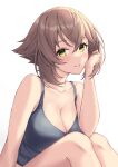  1girl absurdres blush breasts brown_hair camisole cleavage closed_mouth collarbone feet_out_of_frame green_eyes grey_camisole highres kantai_collection large_breasts looking_at_viewer monoku mutsu_(kancolle) short_hair simple_background smile solo white_background 