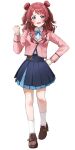 1girl absurdres blazer blue_overskirt blue_ribbon blue_skirt cropped_jacket double_bun full_body gakuen_idolmaster hair_bun hanami_saki hatsuboshi_gakuen_school_uniform highres idolmaster jacket long_hair looking_at_viewer pdal_(pdalhhh) pleated_skirt red_hair ribbon school_uniform shirt simple_background skirt socks solo two_side_up white_background white_shirt white_socks 