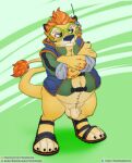  anthro balls blush bottomless clothed clothing crossed_arms eyewear felid flaccid genitals glasses hi_res lion lost_in_oz male mammal pantherine penis reigh slightly_chubby slightly_chubby_male solo wolfblade 