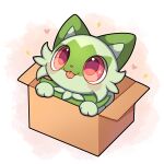  absurdres animal_focus blush box cardboard_box cat commentary english_commentary heart highres in_box in_container looking_up no_humans pink_eyes pokemon pokemon_(creature) red_eyes red_pupils sevi_(seviyummy) smile solo sparkle sprigatito tongue tongue_out 