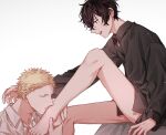  2boys black_eyes black_hair black_shirt blonde_hair bottomless closed_eyes collared_shirt foot_out_of_frame given hand_on_another&#039;s_foot highres kaji_akihiko light_particles long_sleeves male_focus multiple_boys murata_ugetsu open_mouth pinoli_(pinoli66) shirt simple_background sitting smile teeth thighs white_background white_shirt 