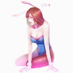 2017 :3 adapted_costume alternate_eye_color animal_ears artist_name bangs bare_shoulders blue_leotard bow bowtie breasts brown_legwear bunny_ears bunny_girl bunnysuit character_name cleavage collarbone covered_navel d.va_(overwatch) dated detached_collar eyelashes facepaint facial_mark fake_animal_ears fingernails full_body hands_on_floor heart heart-shaped_pupils highleg highleg_leotard highres leotard lips lipstick long_hair looking_at_viewer makeup medium_breasts nose overwatch pantyhose parted_lips pink_bow pink_eyes pink_lips pink_lipstick pink_neckwear sideways_glance signature simple_background sleeveless solo strapless strapless_leotard symbol-shaped_pupils teeth thighs v-shaped_eyebrows whisker_markings white_background wrist_cuffs yilan_poi 