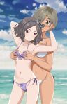  2girls absurdres bikini blurry blurry_background blush breasts brown_eyes cameltoe closed_mouth commentary ebizuka_tomo girls_band_cry grey_hair groping hair_between_eyes hairband highres kiniro_tofu large_breasts medium_breasts mole mole_under_eye multicolored_hair multiple_girls navel outdoors purple_bikini red_eyes roots_(hair) rupa_(girls_band_cry) short_hair side-tie_bikini_bottom small_breasts standing striped_clothes striped_hairband swimsuit variant_set white_bikini yuri 