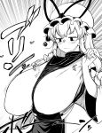  1girl absurdres between_breasts blush breasts closed_mouth clothes_between_breasts clothes_pull commentary_request emphasis_lines hat hat_ribbon high_contrast highres himajin_noizu huge_breasts long_hair looking_at_breasts mob_cap monochrome pulling_own_clothes ribbon tabard touhou upper_body wardrobe_malfunction yakumo_yukari 