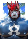 2024 2_horns anthro beard big_pecs black_eyes black_hair blue_latex blue_sky border chest_markings clothing cloud eyebrow_scar eyebrow_slit eyebrows facial_hair facial_scar fur hair hi_res horn kokukokuboo latex latex_clothing latex_skinsuit looking_at_viewer male markings multicolored_eyes muscular muscular_anthro muscular_male nipples o_(takahirosi) outside palm_tree pecs plant pokemon_omega_ruby_and_alpha_sapphire red_eyes red_hair red_horn scar skinsuit sky smile snout snout_scar solo takahirosi teal_body teal_fur tight_clothing tree two_tone_eyes white_border