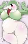  bed_sheet bedding belly big_belly big_breasts blush breasts chinchira_(pixiv13404505) digital_media_(artwork) female gardevoir green_hair hair humanoid kemono looking_at_viewer lying mammal mouth_closed navel nintendo on_back overweight pink_eyes pok&eacute;mon pussy shiny_skin short_hair smile solo thigh_gap video_games white_body 