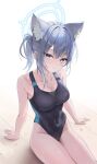  1girl absurdres animal_ear_fluff animal_ears arm_support bare_shoulders black_one-piece_swimsuit blue_archive blue_eyes blue_halo blush breasts cleavage closed_mouth clothing_cutout collarbone covered_navel extra_ears grey_hair hair_ornament halo highres light_smile looking_at_viewer medium_breasts mismatched_pupils multicolored_clothes multicolored_swimsuit official_alternate_costume official_alternate_hairstyle one-piece_swimsuit ponytail rable revision shiroko_(blue_archive) shiroko_(swimsuit)_(blue_archive) short_ponytail simple_background sitting smile solo swimsuit thighs white_background wolf_ears wolf_girl 