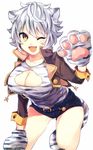  ;d animal_ears animal_print belt black_jacket black_shorts breasts cleavage cleavage_cutout cowboy_shot flower_knight_girl gloves houzuki_michiru jacket large_breasts looking_at_viewer messy_hair one_eye_closed open_mouth paw_gloves paws shirt short_hair short_shorts shorts silver_hair smile solo tail tiger_ears tiger_print tiger_tail white_background yellow_eyes yukinoshita_(flower_knight_girl) 