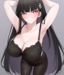  1girl armpits black_bra black_hair black_panties black_pantyhose blue_archive blush bra breasts cleavage closed_mouth collarbone cowboy_shot fed_(giba) gradient_background hair_ornament hairpin highres large_breasts long_hair looking_at_viewer panties panties_under_pantyhose pantyhose red_eyes rio_(blue_archive) solo underwear 