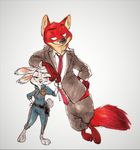 2017 anthro canine clothed clothing disney duo female fox hand_on_hip judy_hopps lagomorph leaning looking_at_viewer male mammal monoflax necktie nick_wilde police_uniform rabbit simple_background smile suit traditional_media_(artwork) uniform white_background zootopia 