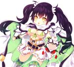  belt bird black_hair bra breasts cape cowboy_shot flower_knight_girl green_bra houzuki_michiru large_breasts long_hair looking_at_viewer olive_(flower_knight_girl) side_slit skirt solo thighhighs twintails underwear white_background white_skirt yellow_eyes 