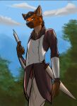  anthro armor black_hair blue_eyes canid canine cloud dagger female forest fran_tusajigwe gambeson hair hi_res holding_object holding_weapon hybrid hyena looking_at_viewer mammal maned_wolf melee_weapon mercenary outside plant reddragon solo spotted_hyena sword sword_sheath tree unimpressed weapon 