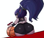  ball basketball_(ball) big_butt big_hair black_bottomwear black_clothing black_shorts black_topwear blue_body blue_fur blue_hair bottomwear butt clothing eyelashes female fur grey_body grey_fur hair hi_res humanoid humanoid_pointy_ears league_of_legends looking_at_viewer looking_back looking_back_at_viewer nightlydayart noxus_poppy_(lol) pigtails poppy_(lol) pupils rear_view red_eyes riot_games short_stack shorts simple_background sitting slit_pupils snaggle_tooth solo sportswear tencent thick_thighs topwear twintails_(hairstyle) white_background wide_hips yordle 