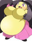  2_toes 3_fingers :3 :d anthro belly big_belly big_breasts blush breasts chinchira_(pixiv13404505) digital_media_(artwork) female happy humanoid kemono looking_away mawile mega_evolution mega_mawile nintendo open_mouth overweight pink_eyes pok&eacute;mon shiny_skin simple_background solo toes tongue video_games white_background yellow_body 