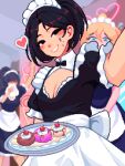  3girls absurdres black_eyes black_hair blonde_hair blue_eyes blush breasts cherry cleavage cleavage_cutout clothing_cutout food fruit heart high_ponytail highres holding holding_tray long_hair looking_at_viewer maid multiple_girls original pixel_art short_hair solo_focus tray yumykon 