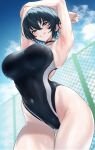  1girl armpits arms_behind_head arms_up bare_shoulders black_hair black_one-piece_swimsuit blue_eyes blush breasts choker covered_navel grin highleg highleg_swimsuit highres large_breasts looking_at_viewer one-piece_swimsuit original short_hair smile solo swimsuit thighs ulrich_(tagaragakuin) 