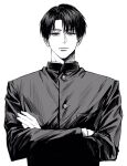  1boy black_hair black_jacket breast_pocket buttons character_request closed_mouth copyright_request crossed_arms grey_eyes highres jacket light_frown looking_at_viewer male_focus pocket short_hair simple_background solo sso_s upper_body white_background 