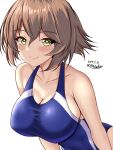  1girl blue_one-piece_swimsuit blush breasts brown_hair competition_swimsuit covered_navel dated green_eyes highres kantai_collection large_breasts lips looking_at_viewer montemasa mutsu_(kancolle) one-piece_swimsuit short_hair signature smile solo swimsuit twitter_username two-tone_swimsuit upper_body white_background 