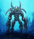  arm_blade arm_cannon bionicle commentary english_commentary full_body glowing glowing_eyes green_eyes highres humanoid_robot hydraxon_(bionicle) kory_cromie looking_at_viewer mask robot science_fiction standing the_lego_group underwater weapon 
