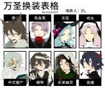  1girl 6+boys absurdres animal_ears apple bandaged_arm bandaged_chest bandaged_head bandages black_eyes black_gloves black_hair black_hat black_shirt blood blood_on_face blue_eyes blue_hair bow braid brown_eyes brown_hair chinese_commentary chinese_text closed_mouth commentary_request enomoto_noa food fruit fur_jacket glasses gloves green_scarf habit hair_bobbles hair_bow hair_ornament harada_minoru hat hat_ornament hat_ribbon hatsutori_hajime heart highres holding holding_food holding_fruit horns isoi_haruki isoi_reiji jacket jiangshi kaiaik_(zheliakaina) kanou_aogu kemonomimi_mode long_hair multiple_boys ofuda open_mouth parted_bangs pink_hair pink_ribbon pointy_ears purple_hair rectangular_eyewear red_bow red_eyes red_horns ribbon saibou_shinkyoku scar scar_on_face scar_on_forehead scarf shirt short_hair side_braid single_braid skull_hat_ornament theodore_riddle translation_request utsugi_noriyuki white_shirt witch_hat wolf_boy wolf_ears 