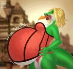 animated anthro belly big_belly blonde_hair blood blood_on_face bodily_fluids breasts clothed clothing completealienation corset dinosaur extinct female green_body hair hard_vore huge_belly lingerie low_res oral_vore prehistoric_species reptile scalie solo solo_focus swallowing tongue tongue_out topwear vore