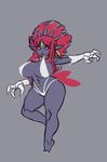  anthro barefoot big_breasts breasts clothed clothing ear_piercing fangs female grey_background hair liveforthefunk navel navel_piercing nintendo nipple_bulge piercing pointy_ears pok&eacute;mon red_eyes red_hair simple_background skimpy solo video_games weavile 