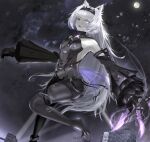  1girl absurdres animal_ears armlet backless_bodysuit black_bodysuit black_hairband bodysuit breasts city claw_(weapon) detached_sleeves english_commentary full_moon grey_eyes grey_hair hair_intakes hairband heterochromia highres long_hair long_sleeves mechanical_ears mechanical_hands moon no.21:_feral_scent_(punishing:_gray_raven) no.21_(punishing:_gray_raven) punishing:_gray_raven saif_artz sidelocks sleeveless sleeveless_bodysuit small_breasts solo tail very_long_hair weapon wolf_ears wolf_tail 