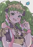  1girl :d arched_bangs breasts cleavage commentary_request coral_3535 dress fire_emblem fire_emblem:_three_houses green_hair hair_ornament long_hair looking_at_viewer open_mouth pointy_ears sleeveless sleeveless_dress small_breasts smile solo sothis_(fire_emblem) teeth upper_body upper_teeth_only 