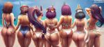  6+girls absurdres adjusting_hair armlet ass ass_grab back bandage bare_arms bare_back bare_shoulders beach bikini black_hair blue_sky blue_swimsuit bracelet breasts brown_hair cloud crown curvy dark_skin day eliza_(skullgirls) epic eye_of_horus fate_(series) from_behind grabbing_another&#039;s_ass highres hips huge_ass ishizu_ishtar jewelry large_breasts long_hair luminyu medium_breasts menace menat multiple_girls neith_(smite) nitocris_(fate/grand_order) ocean outdoors overwatch pharah_(overwatch) ponytail purple_hair queen&#039;s_blade sand sea short_hair sideboob skullgirls sky smite standing street_fighter swimsuit tagme thick_thighs thighs tiara very_long_hair watermark web_address white_bikini wide_hips yu-gi-oh! 