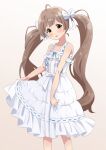  1girl :p ahoge bare_arms bare_shoulders blue_bow blue_ribbon blurry blush bow breasts brown_hair closed_mouth collarbone commentary_request cross-laced_clothes cross-laced_dress depth_of_field dot_nose dress feet_out_of_frame frilled_dress frills goma_konbu gradient_background grey_background hair_bow hakozaki_serika head_tilt highres idolmaster idolmaster_million_live! lone_nape_hair long_hair looking_at_viewer looking_to_the_side orange_eyes pure_onepiece_(idolmaster) raised_eyebrows ribbon skirt_hold sleeveless sleeveless_dress small_breasts solo standing swept_bangs three_quarter_view tongue tongue_out twintails very_long_hair white_background white_bow white_dress 