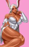  1girl absurdres animal_ears bare_shoulders boku_no_hero_academia breasts bridal_gauntlets cleavage collarbone commission covered_abs dark-skinned_female dark_skin dress finger_to_own_chin gloves hand_on_own_hip highres jewelry knee_up large_breasts long_eyelashes long_hair looking_at_viewer mirko muscular muscular_female parted_bangs pink_background rabbit_ears rabbit_girl rabbit_tail red_eyes ring solo sotcho tail tail_through_clothes thick_thighs thighs very_long_hair white_dress white_gloves white_hair 