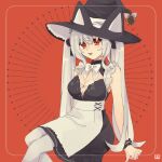  1girl absurdres apron bow breasts cleavage eyelashes grey_hair hat hat_bell hat_with_ears highres kotone0220 long_hair looking_at_viewer open_mouth pantyhose red_background red_eyes sitting solo twintails very_long_hair vrchat waist_apron white_apron white_bow white_pantyhose witch_hat wrist_cuffs 