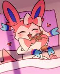  animal_focus bow brown_eyes closed_eyes commentary_request eevee fangs flower head_wreath heart highres light_blush lying no_humans open_mouth orange_flower orange_rose pillow pokemon pokemon_(creature) red_flower red_rose ribbon rose smile sylveon tigerlover2625 white_flower white_rose 