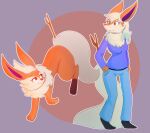  2019 anthro bottomwear braixen cheek_tuft chest_tuft clothing eeveelution facial_tuft female feral flareon fur fusion generation_1_pokemon generation_6_pokemon hair hybrid kitsunekotaro koriand_wildfire long_ears long_hair long_tail multicolored_body multicolored_fur nintendo pants pokemon pokemon_(species) pokemon_fusion red_eyes red_nose shirt simple_background solo stick tail tan_hair topwear tuft 