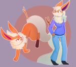 2019 anthro bottomwear braixen cheek_tuft chest_tuft clothing eeveelution facial_tuft female feral flareon fur fusion generation_1_pokemon generation_6_pokemon hair hybrid kitsunekotaro koriand_wildfire long_ears long_hair long_tail multicolored_body multicolored_fur nintendo pants pokemon pokemon_(species) pokemon_fusion red_eyes red_nose shirt simple_background solo stick tail tan_hair topwear tuft