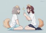  2girls :t animal_ear_hairband animal_ears black_shorts black_socks blue_shorts blue_socks blush brown_hair closed_eyes commentary_request dog_ears dog_tail dotted_background ebizuka_tomo fake_animal_ears from_side full_body girls_band_cry grey_background grey_hair hairband iseri_nina kinsei_3 looking_at_another medium_hair multiple_girls open_mouth pout profile red_eyes seiza shadow shirt short_twintails shorts sitting smile socks tail twintails white_shirt 