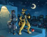  absurd_res ampharos anthro balls_outline bulge canid canine canis clothing costume detailed_bulge duo embarrassed generation_2_pokemon genital_outline genitals gloves handwear hi_res looking_at_another male male/male mammal night nintendo outside penis pokemon pokemon_(species) rope sharu sunhuiz wolf 